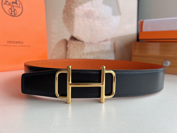 FIBBIA PER CINTURA HM ROYAL E CINTURINO REVERSIBILE IN PELLE NERA E ARANCIONE 32 MM FERRAMENTA ORO