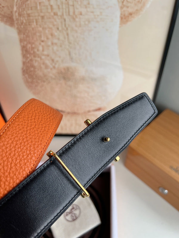 FIBBIA PER CINTURA HM ROYAL E CINTURINO REVERSIBILE IN PELLE NERA E ARANCIONE 32 MM FERRAMENTA ORO