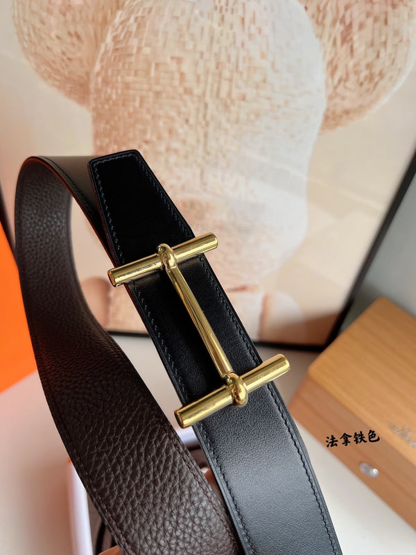 FIBBIA PER CINTURA HM H D'ANCRE E CINTURINO REVERSIBILE IN PELLE MARRONE CIOCCOLATO 38 MM FERRAMENTA ORO