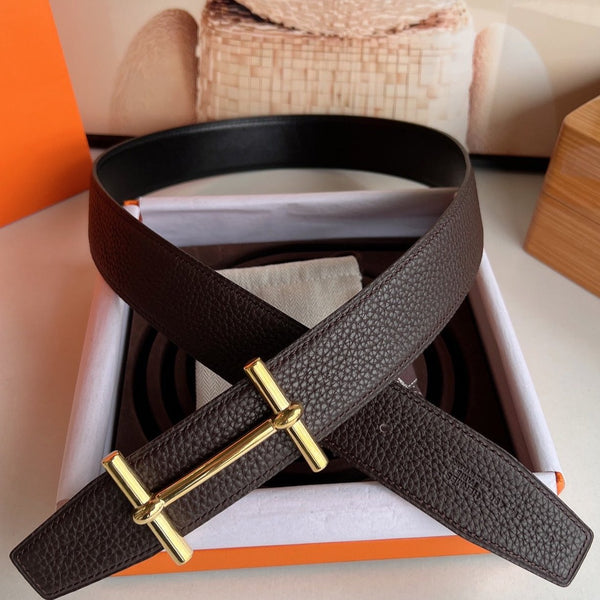 FIBBIA PER CINTURA HM H D'ANCRE E CINTURINO REVERSIBILE IN PELLE MARRONE CIOCCOLATO 38 MM FERRAMENTA ORO