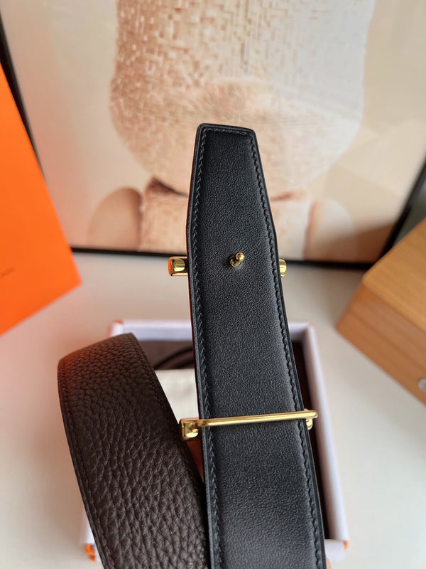 FIBBIA PER CINTURA HM H D'ANCRE E CINTURINO REVERSIBILE IN PELLE MARRONE CIOCCOLATO 38 MM FERRAMENTA ORO