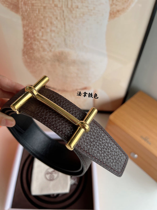 FIBBIA PER CINTURA HM H D'ANCRE E CINTURINO REVERSIBILE IN PELLE MARRONE CIOCCOLATO 38 MM FERRAMENTA ORO