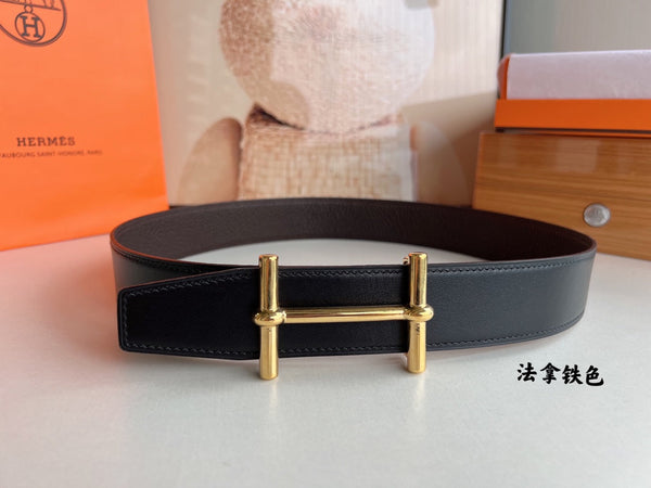 FIBBIA PER CINTURA HM H D'ANCRE E CINTURINO REVERSIBILE IN PELLE MARRONE CIOCCOLATO 38 MM FERRAMENTA ORO