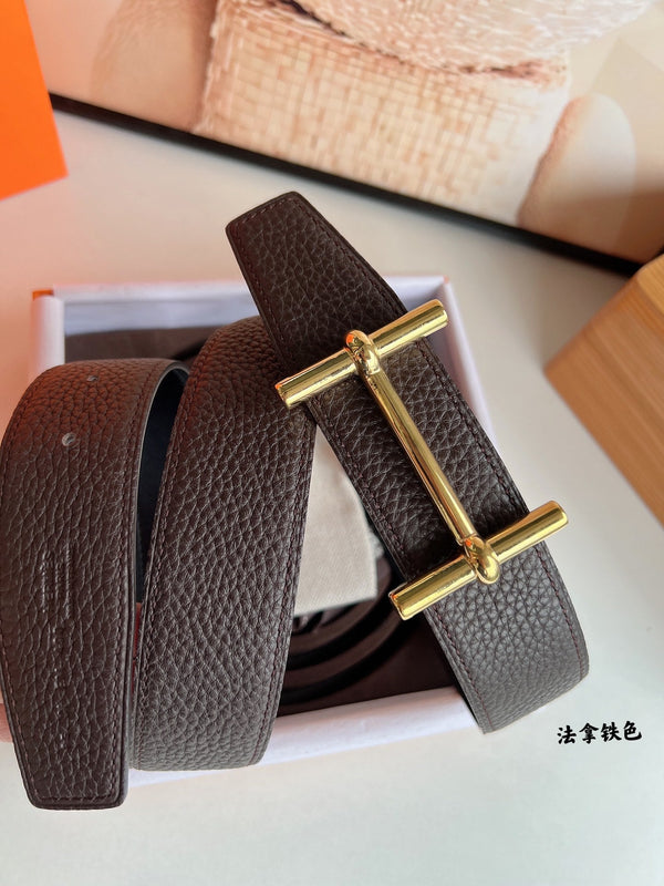 FIBBIA PER CINTURA HM H D'ANCRE E CINTURINO REVERSIBILE IN PELLE MARRONE CIOCCOLATO 38 MM FERRAMENTA ORO