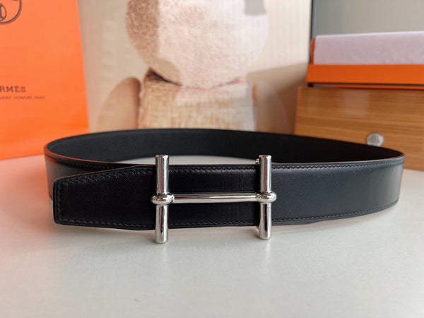 FIBBIA PER CINTURA HM H D'ANCRE E CINTURINO REVERSIBILE IN PELLE NERA 38 MM FERRAMENTA IN ARGENTO