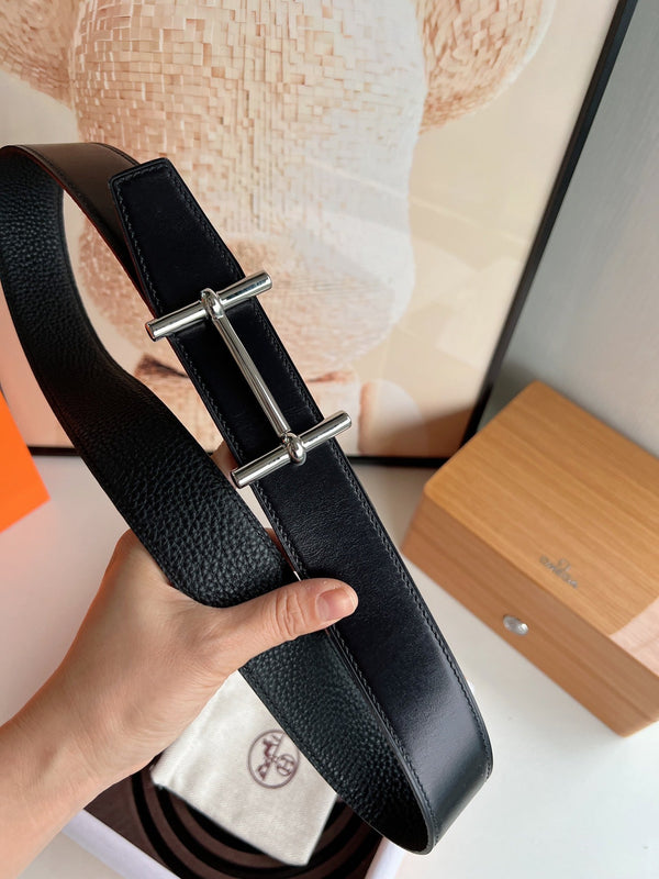 FIBBIA PER CINTURA HM H D'ANCRE E CINTURINO REVERSIBILE IN PELLE NERA 38 MM FERRAMENTA IN ARGENTO
