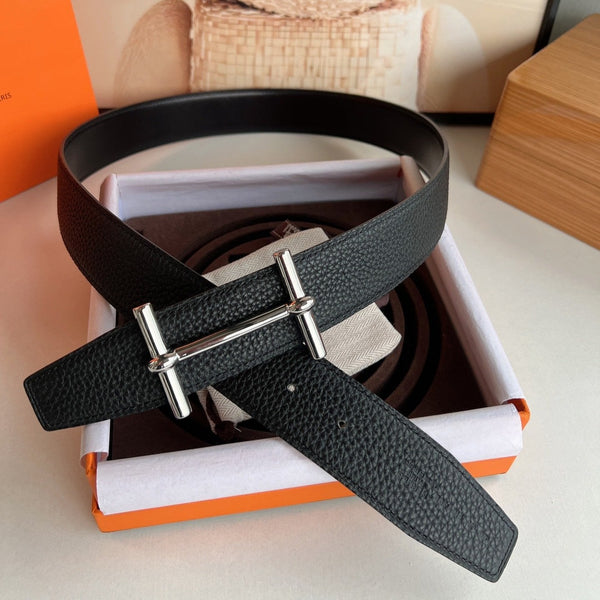 FIBBIA PER CINTURA HM H D'ANCRE E CINTURINO REVERSIBILE IN PELLE NERA 38 MM FERRAMENTA IN ARGENTO
