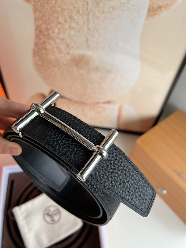FIBBIA PER CINTURA HM H D'ANCRE E CINTURINO REVERSIBILE IN PELLE NERA 38 MM FERRAMENTA IN ARGENTO
