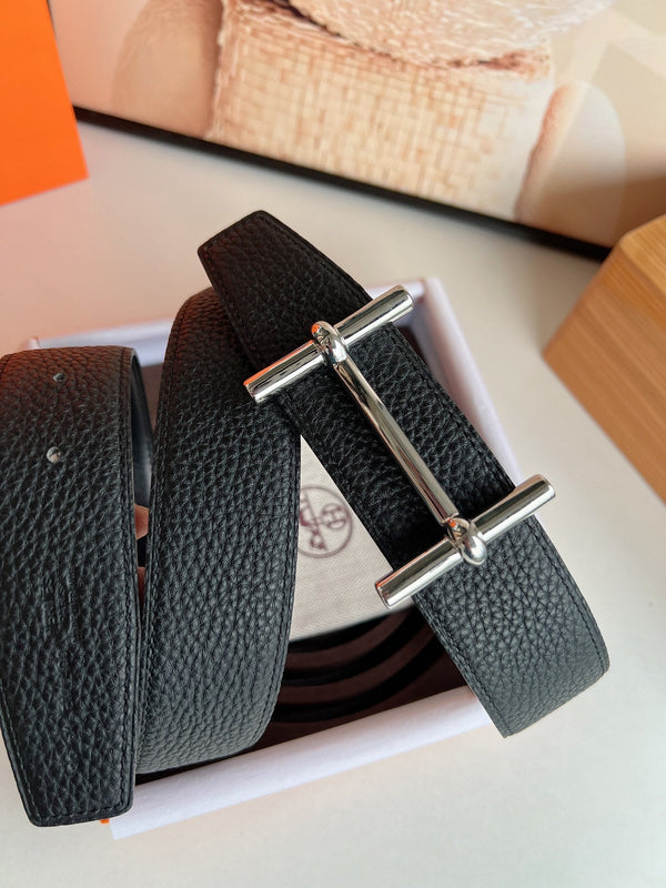 FIBBIA PER CINTURA HM H D'ANCRE E CINTURINO REVERSIBILE IN PELLE NERA 38 MM FERRAMENTA IN ARGENTO