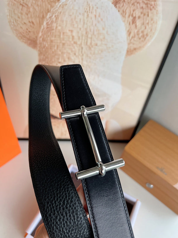 FIBBIA PER CINTURA HM H D'ANCRE E CINTURINO REVERSIBILE IN PELLE NERA 38 MM FERRAMENTA IN ARGENTO