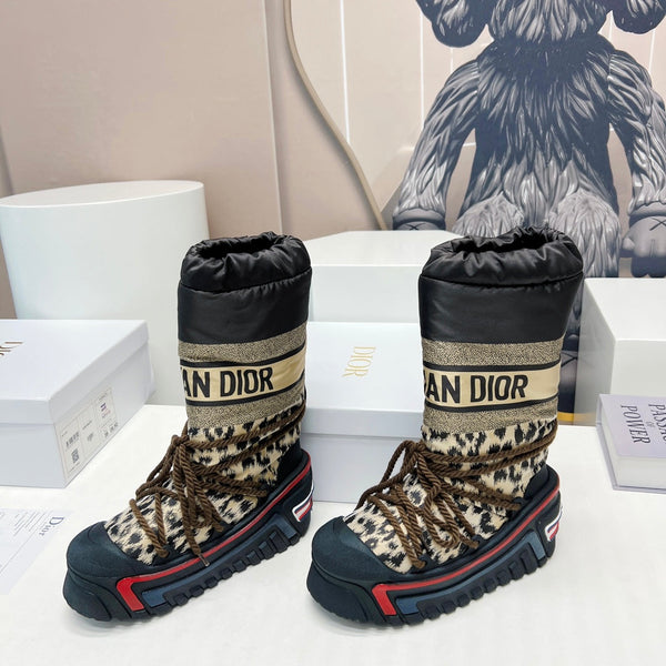 CD Platform Snow Boots Black Beige Cowhide Nylon Fabric 539655
