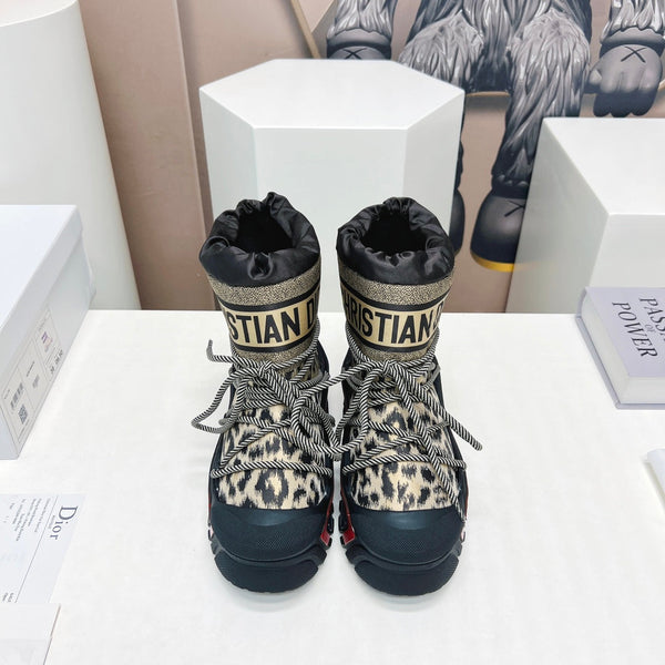 CD Snow Ankle Boots Black Beige Cowhide Nylon Fabric 539662