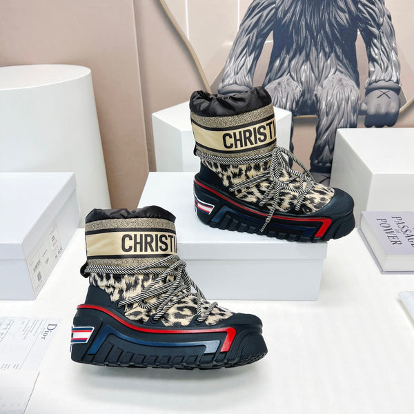 CD Snow Ankle Boots Black Beige Cowhide Nylon Fabric 539662