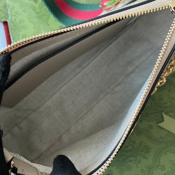 BORSA A TRACOLLA PICCOLA OPHIDIA 25 IN TELA BIANCA E PELLE DI AGNELLO AVENA, FERRAMENTA ORO