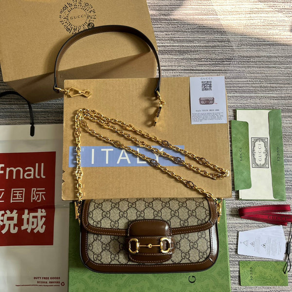 BORSA GG HORSEBIT 1955 24 IN TELA BEIGE E PELLE DI VITELLO MARRONE