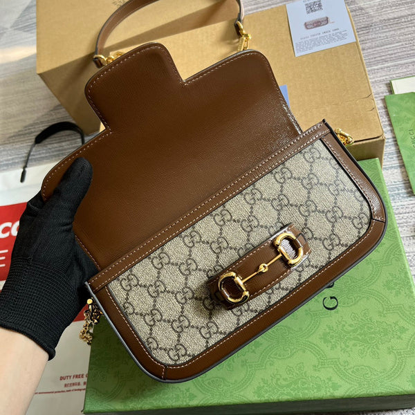 BORSA GG HORSEBIT 1955 24 IN TELA BEIGE E PELLE DI VITELLO MARRONE