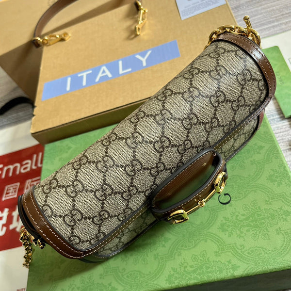 BORSA GG HORSEBIT 1955 24 IN TELA BEIGE E PELLE DI VITELLO MARRONE
