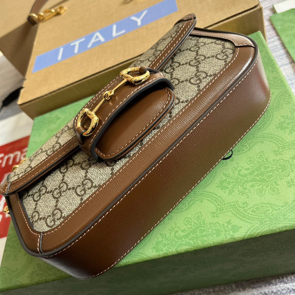 BORSA GG HORSEBIT 1955 24 IN TELA BEIGE E PELLE DI VITELLO MARRONE