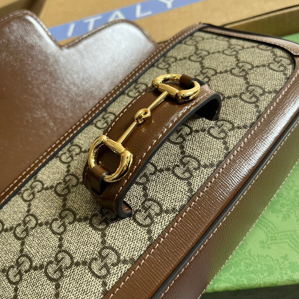 BORSA GG HORSEBIT 1955 24 IN TELA BEIGE E PELLE DI VITELLO MARRONE