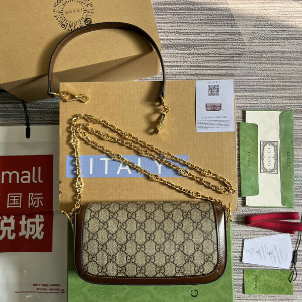 BORSA GG HORSEBIT 1955 24 IN TELA BEIGE E PELLE DI VITELLO MARRONE