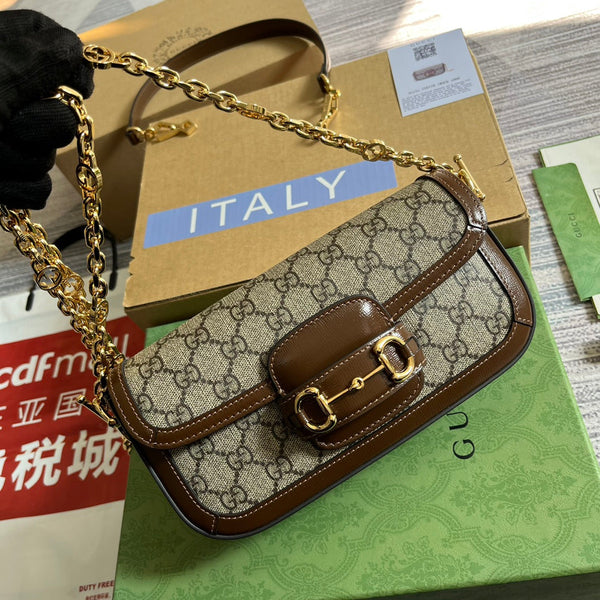 BORSA GG HORSEBIT 1955 24 IN TELA BEIGE E PELLE DI VITELLO MARRONE