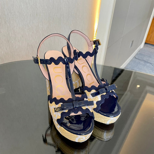 GG Kertu Platform Sandals 12cm Beige Blue Raffia Leather 695695