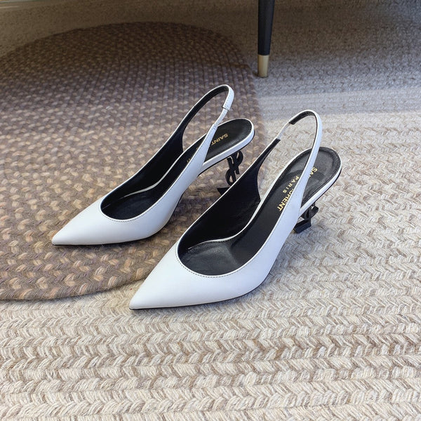 DÉCOLLETÉ SLINGBACK CON TACCO NERO OPYUM IN PELLE DI AGNELLO LISCIA BIANCA
