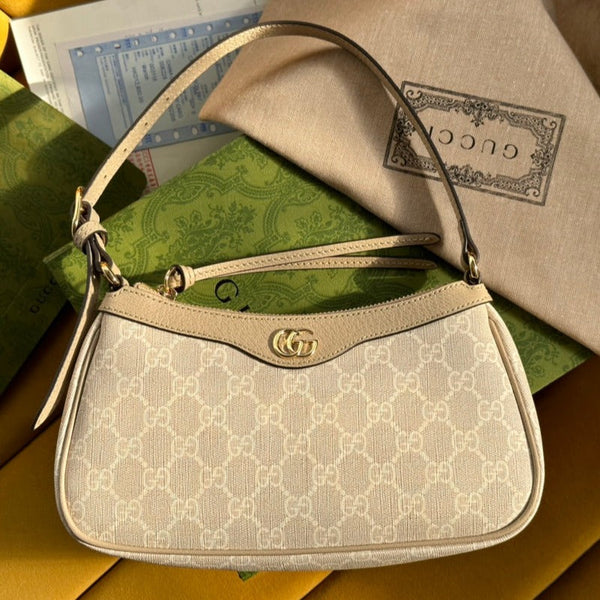 BORSA A MANO OPHIDIA GG SMALL 25 TELA SUPREME BEIGE E BIANCA