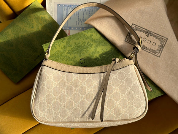BORSA A MANO OPHIDIA GG SMALL 25 TELA SUPREME BEIGE E BIANCA