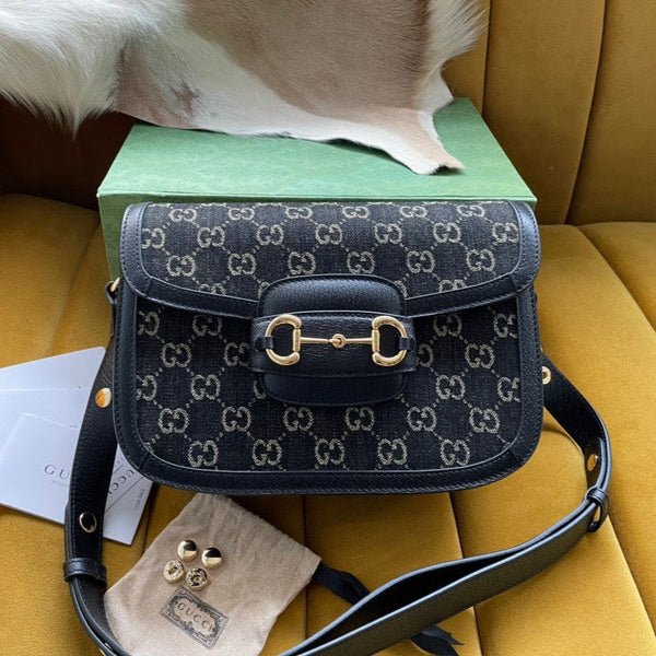 BORSA DA SELLA GG HORSEBIT 1955 25 IN TELA NERA E PELLE DI VITELLO
