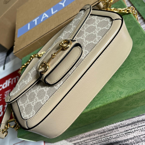 BORSA GG HORSEBIT 1955 24 IN TELA BIANCA E PELLE DI VITELLO BEIGE