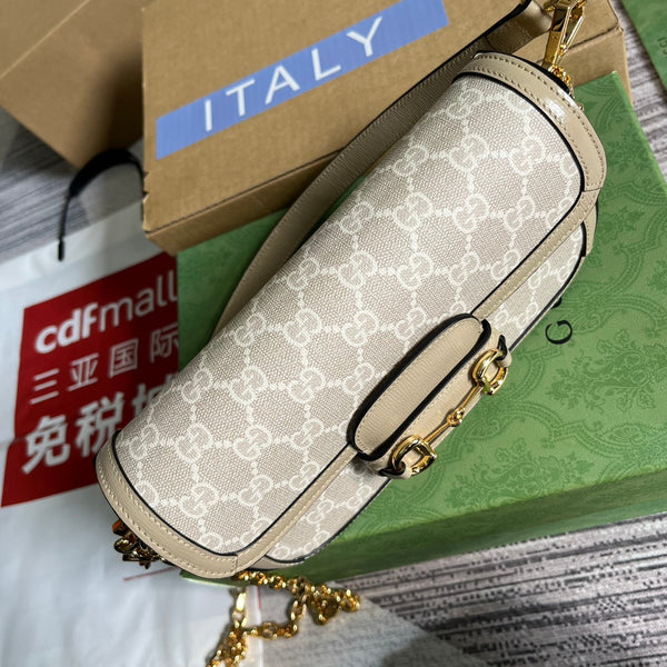 BORSA GG HORSEBIT 1955 24 IN TELA BIANCA E PELLE DI VITELLO BEIGE