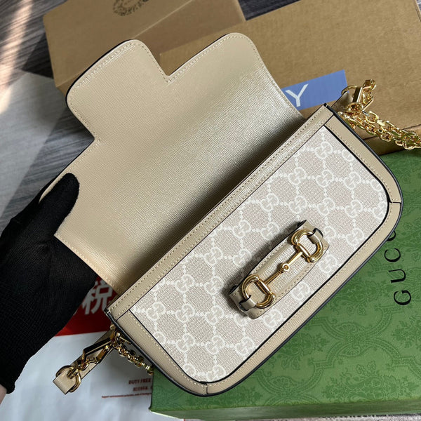 BORSA GG HORSEBIT 1955 24 IN TELA BIANCA E PELLE DI VITELLO BEIGE