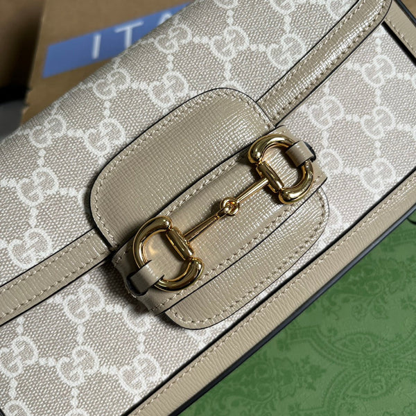 BORSA GG HORSEBIT 1955 24 IN TELA BIANCA E PELLE DI VITELLO BEIGE