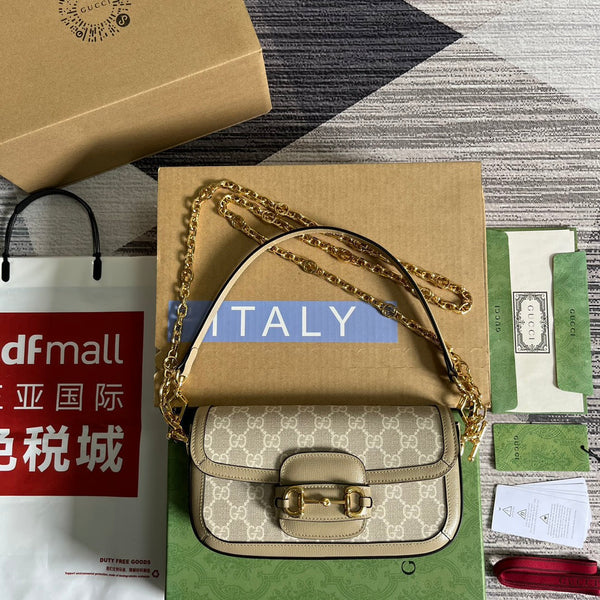 BORSA GG HORSEBIT 1955 24 IN TELA BIANCA E PELLE DI VITELLO BEIGE
