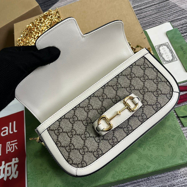 BORSA GG HORSEBIT 1955 24 IN TELA BEIGE E PELLE DI VITELLO BIANCA