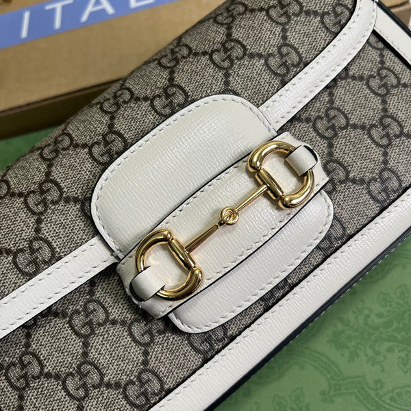 BORSA GG HORSEBIT 1955 24 IN TELA BEIGE E PELLE DI VITELLO BIANCA