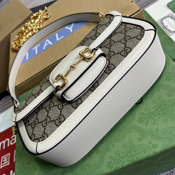 BORSA GG HORSEBIT 1955 24 IN TELA BEIGE E PELLE DI VITELLO BIANCA