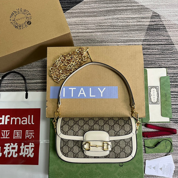 BORSA GG HORSEBIT 1955 24 IN TELA BEIGE E PELLE DI VITELLO BIANCA