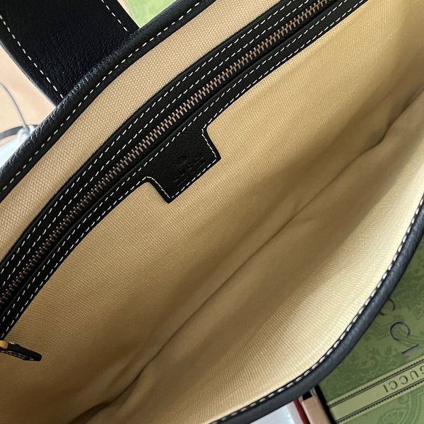 BORSA A SPALLA MEDIA 39 IN TELA BEIGE MIX PELLE DI VITELLO NERA FERRAMENTA ORO