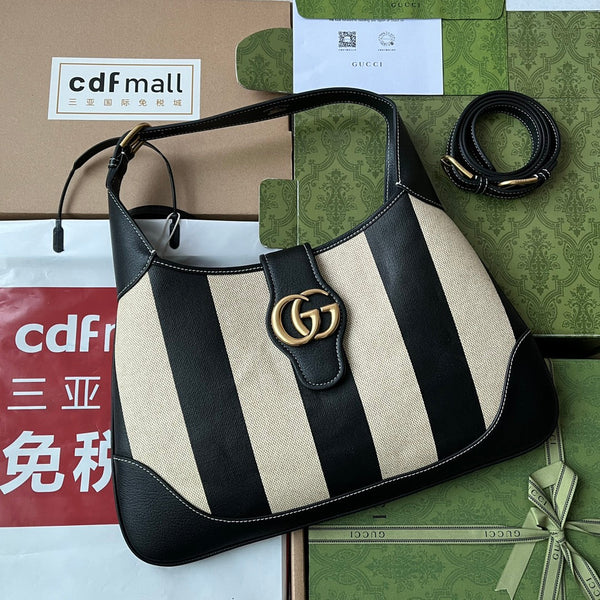 BORSA A SPALLA MEDIA 39 IN TELA BEIGE MIX PELLE DI VITELLO NERA FERRAMENTA ORO