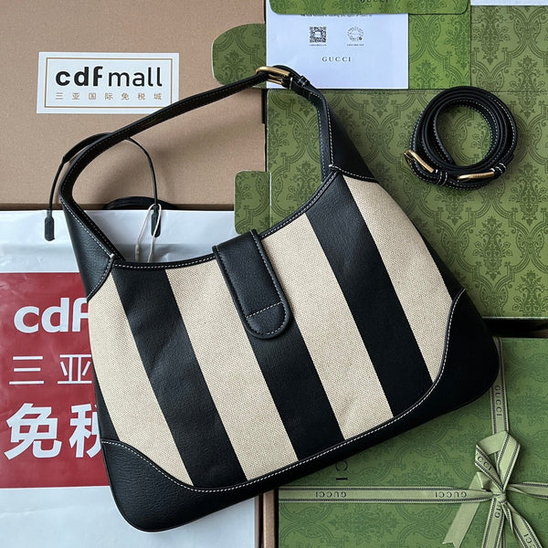 BORSA A SPALLA MEDIA 39 IN TELA BEIGE MIX PELLE DI VITELLO NERA FERRAMENTA ORO