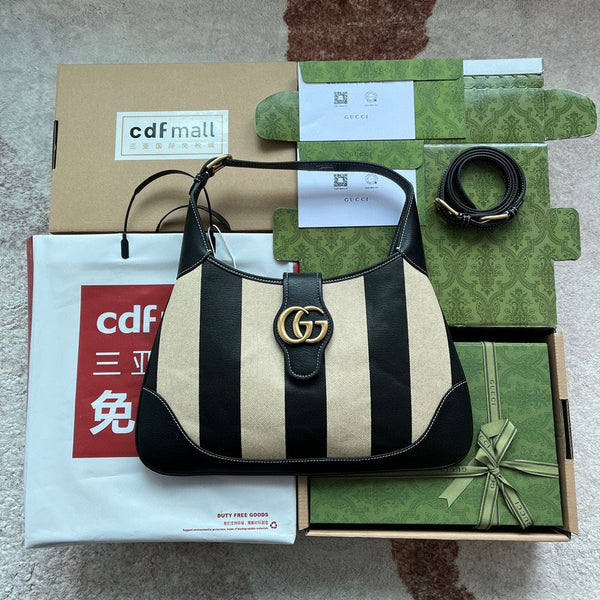 BORSA A SPALLA MEDIA 39 IN TELA BEIGE MIX PELLE DI VITELLO NERA FERRAMENTA ORO