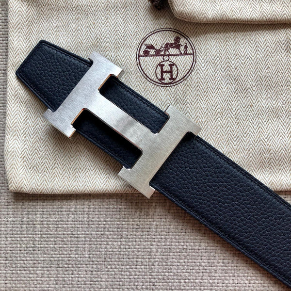 FIBBIA PER CINTURA HM E CINTURINO REVERSIBILE IN PELLE NERA 38 MM FERRAMENTA IN ARGENTO
