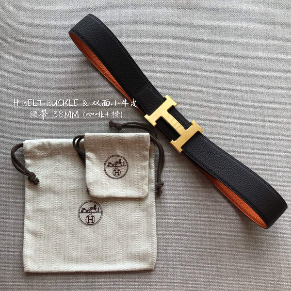 FIBBIA PER CINTURA HM E CINTURINO REVERSIBILE IN PELLE NERA E ARANCIONE 38 MM FERRAMENTA ORO