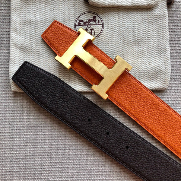 FIBBIA PER CINTURA HM E CINTURINO REVERSIBILE IN PELLE NERA E ARANCIONE 38 MM FERRAMENTA ORO