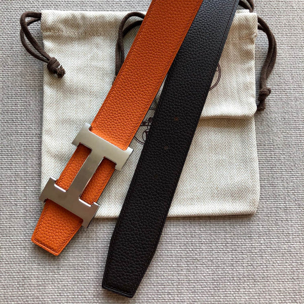 FIBBIA PER CINTURA HM E CINTURINO REVERSIBILE IN PELLE NERA E ARANCIONE 38 MM FERRAMENTA ARGENTO