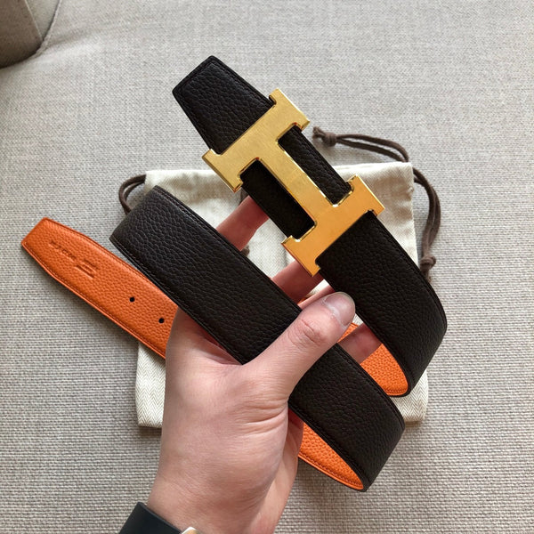 FIBBIA PER CINTURA HM E CINTURINO REVERSIBILE IN PELLE NERA E ARANCIONE 38 MM FERRAMENTA ORO