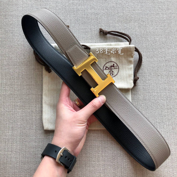 FIBBIA PER CINTURA HM E CINTURINO REVERSIBILE IN PELLE MARRONE E NERO FONDENTE 38 MM FERRAMENTA ORO