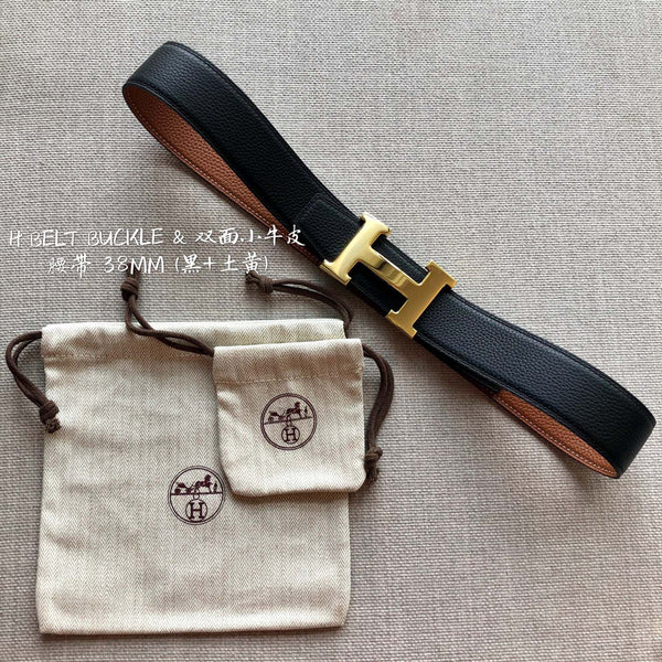 FIBBIA PER CINTURA HM E CINTURINO REVERSIBILE IN PELLE MARRONE E BRONZO DA 38 MM CON FERRAMENTA ORO